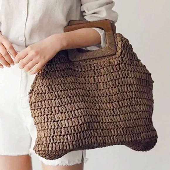 Boho Straw Large Tote top Handle Bag - Picture 1 of 14